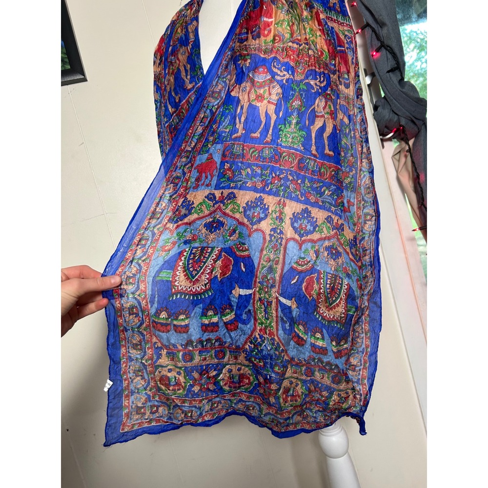 Vintage Indian 100% Silk Scarf Blue Sheer Elegant Print Boho Festival Wrap - Picture 3 of 8